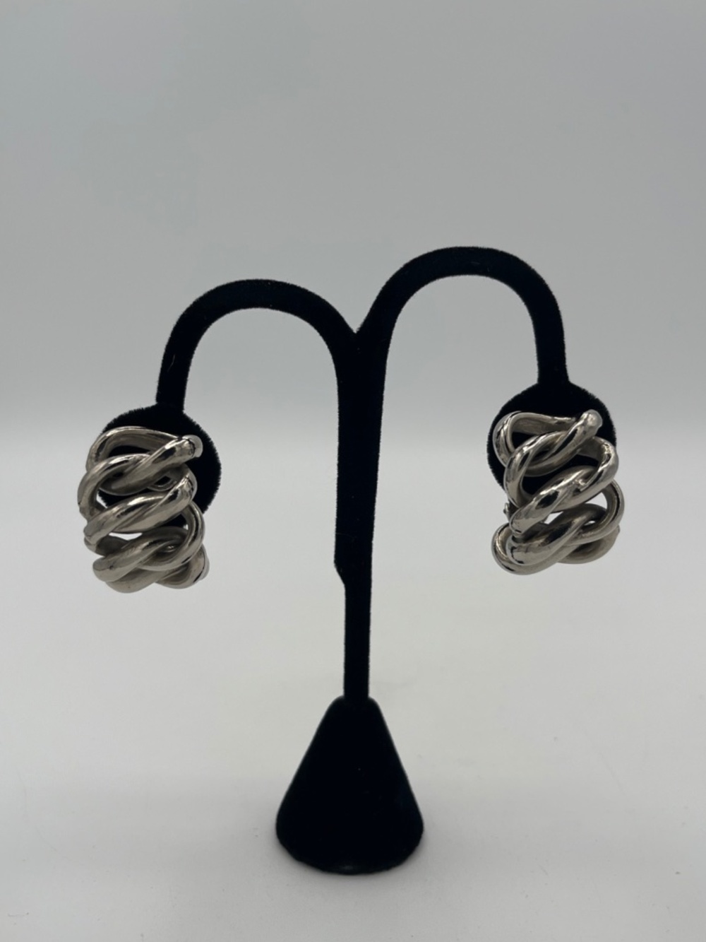 Estate Vintage Large Silver Tone Rope Motif Clip-On  Earrings